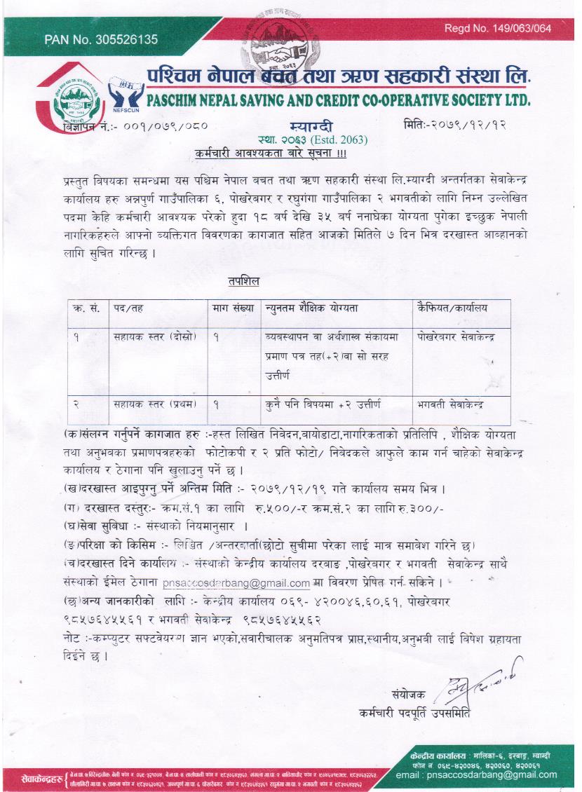 कर्मचारी आवश्यकता बारे सूचना !!!