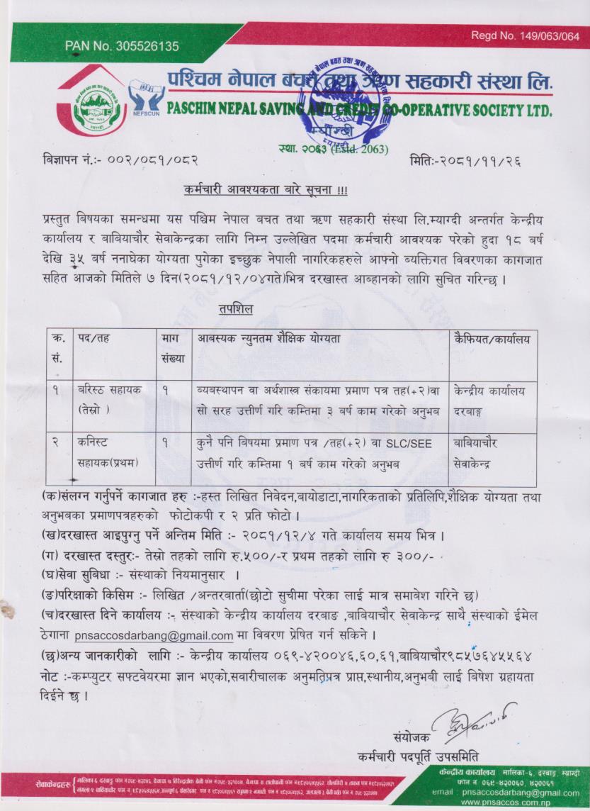 कर्मचारी आवश्यकता बारे सुचना !!