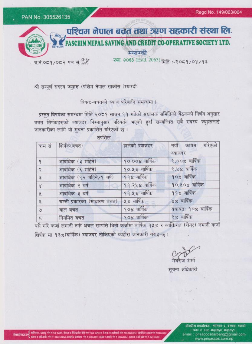 बचतको ब्याज परिवर्तन समन्धमा |