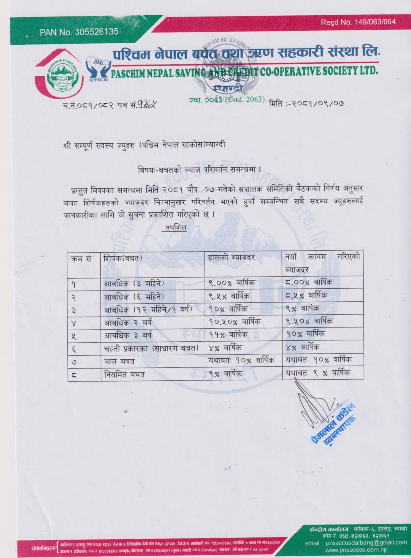 बचतको ब्याज परिबर्तन सम्बन्धमा |