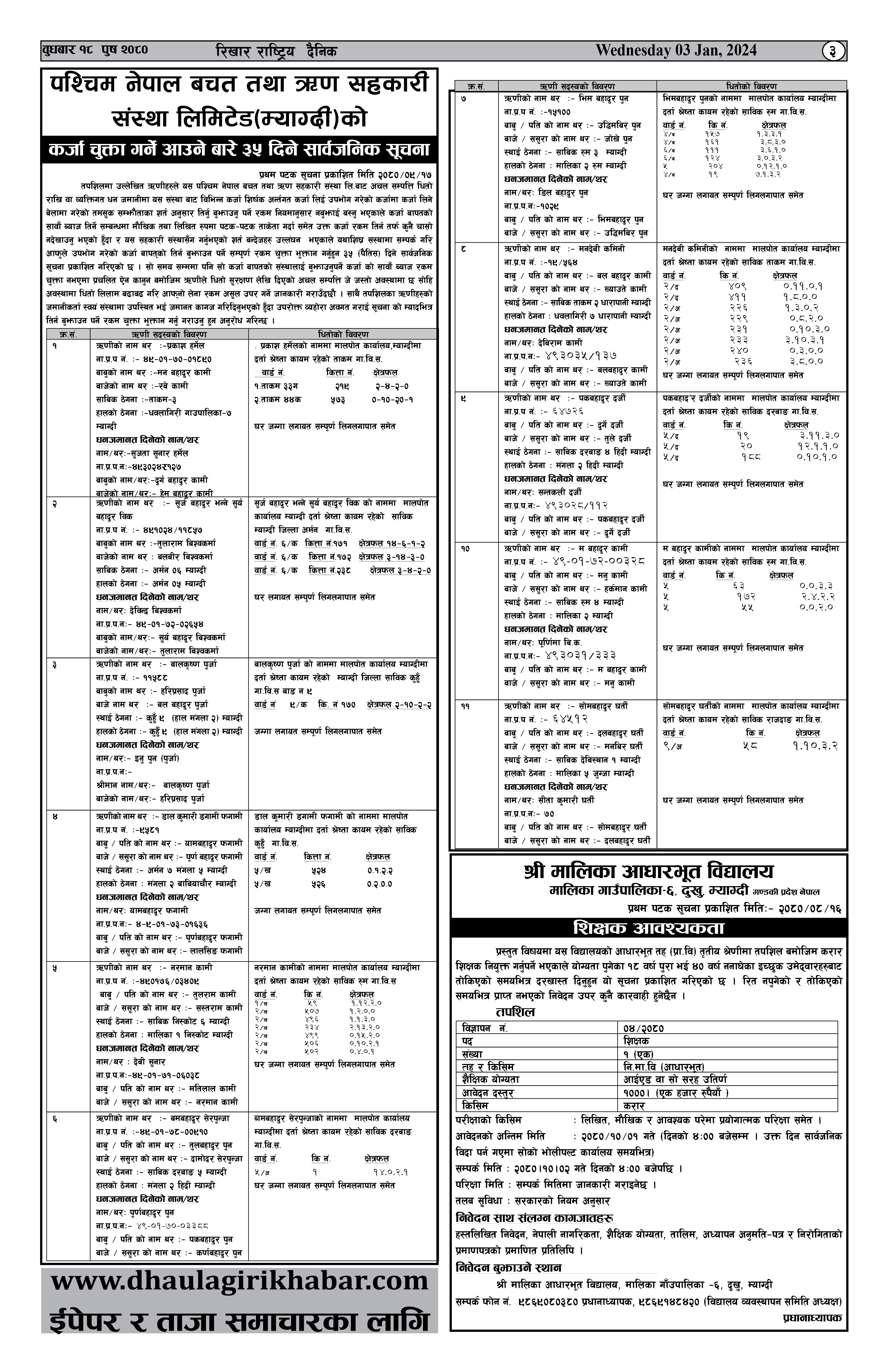 कर्जा चुक्ता गर्न आउने बारेको ३५ दिने सार्बजनिक सूचना