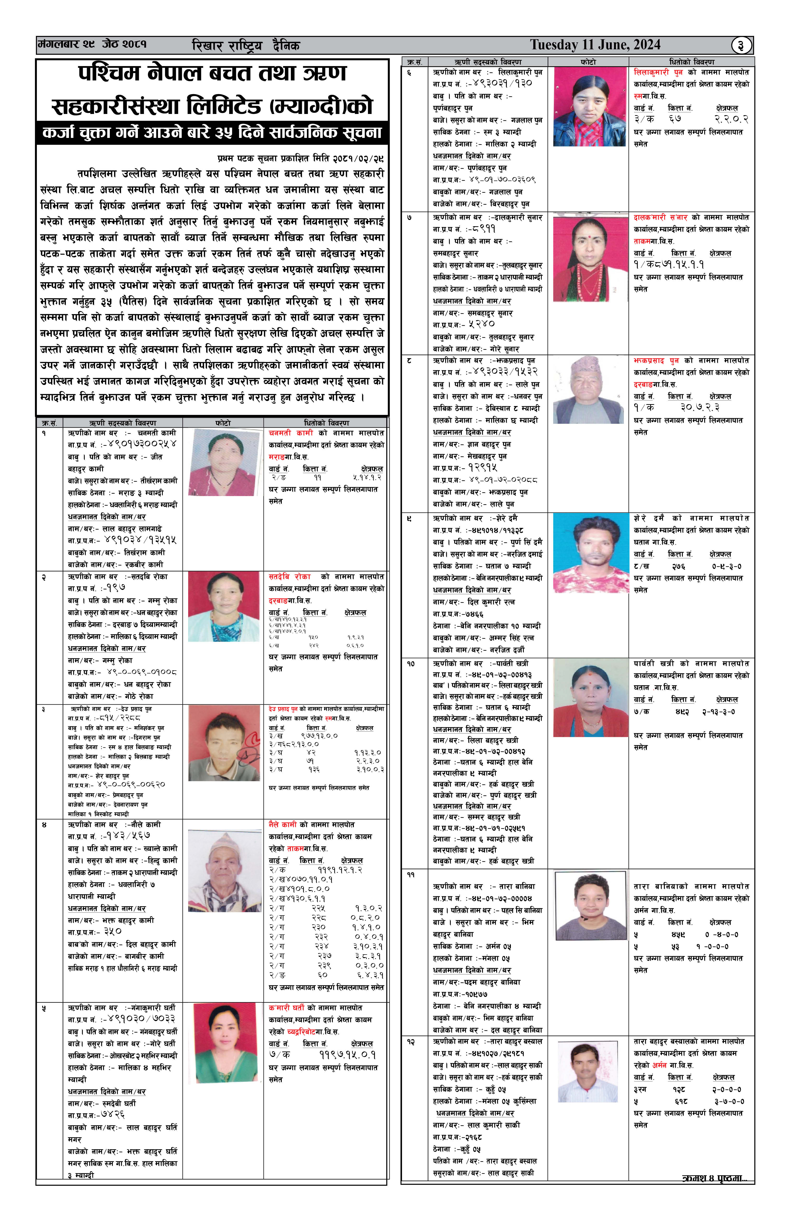 कर्जा चुक्ता गर्न आउने बारेको ३५ दिने सार्बजनिक सूचना