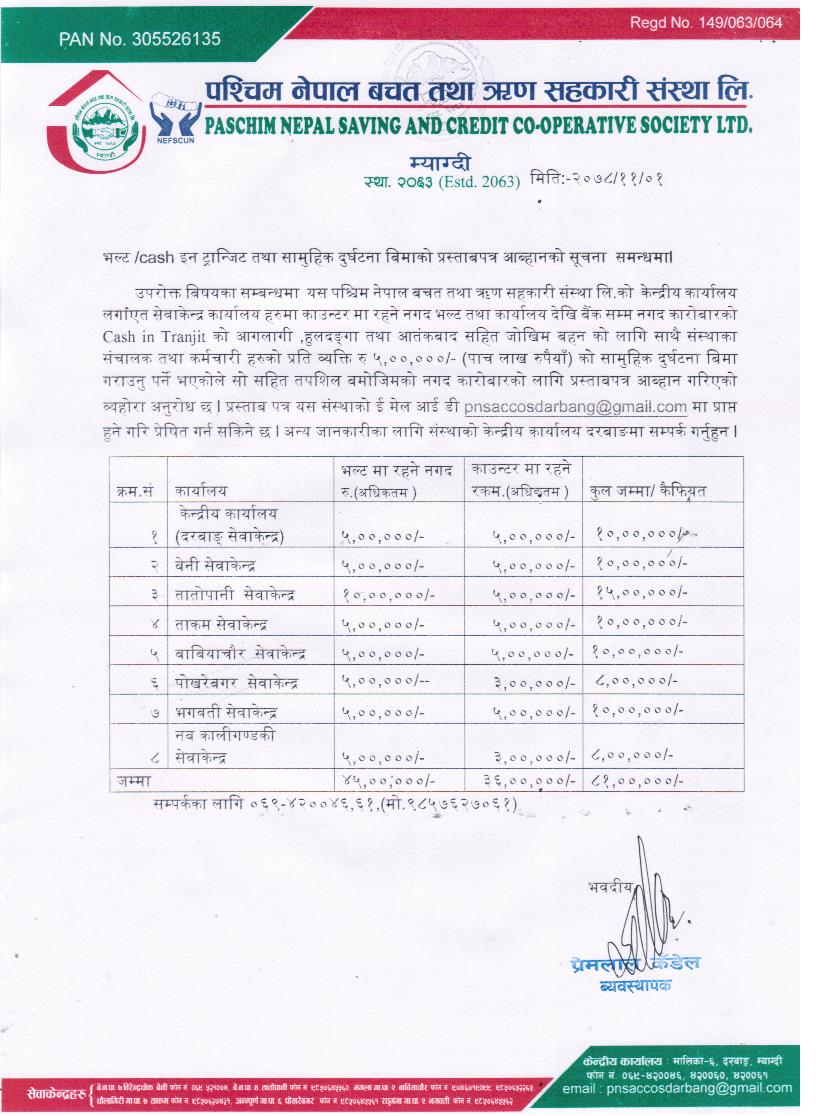 भल्ट /cash इन ट्रान्जिट तथा सामुहिक दुर्घटना बिमाको प्रस्ताबपत्र आब्हानको सूचना